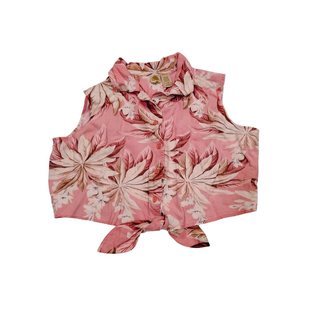 Women's Extra Large Islander Crop Top Button Down Tie Waist Pink Tropical Floral